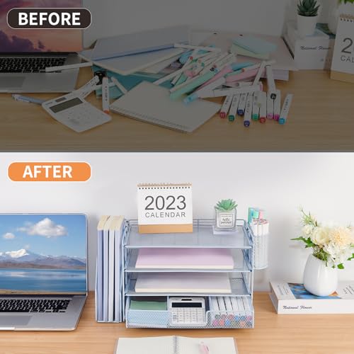 Organizadores y accesorios de escritorio Desk Organizers and Accessories, 4-Tier Paper Leter Tray Organizer with 2 Pen Holders and File Holder, Desk Organizer with Drawer, Ofice Desk Accesorie for Office Supplies（Purple）