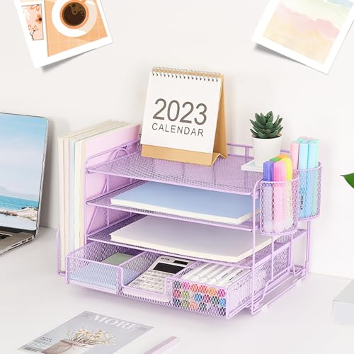 Organizadores y accesorios de escritorio Desk Organizers and Accessories, 4-Tier Paper Leter Tray Organizer with 2 Pen Holders and File Holder, Desk Organizer with Drawer, Ofice Desk Accesorie for Office Supplies（Purple）