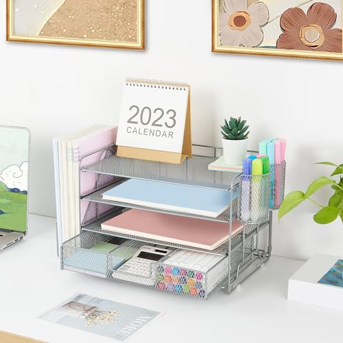 Organizadores y accesorios de escritorio Desk Organizers and Accessories, 4-Tier Paper Leter Tray Organizer with 2 Pen Holders and File Holder, Desk Organizer with Drawer, Ofice Desk Accesorie for Office Supplies（Purple）