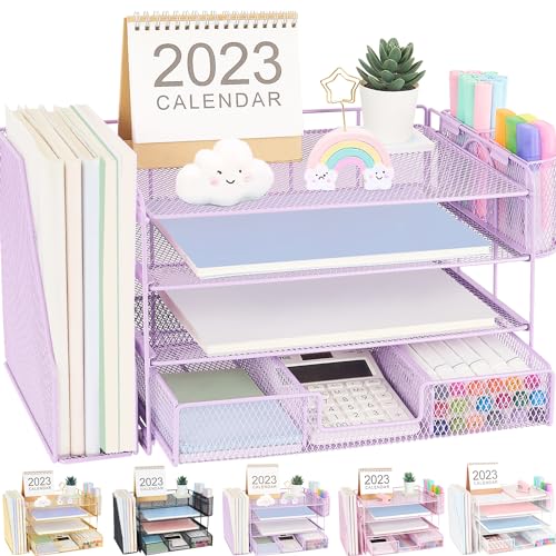 Organizadores y accesorios de escritorio Desk Organizers and Accessories, 4-Tier Paper Leter Tray Organizer with 2 Pen Holders and File Holder, Desk Organizer with Drawer, Ofice Desk Accesorie for Office Supplies（Purple）