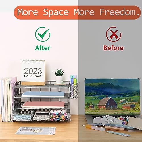 Organizadores y accesorios de escritorio Desk Organizers and Accessories, 4-Tier Paper Leter Tray Organizer with 2 Pen Holders and File Holder, Desk Organizer with Drawer, Ofice Desk Accesorie for Office Supplies（Purple）