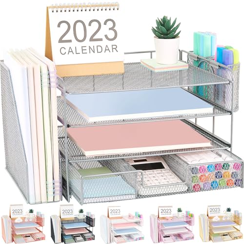 Organizadores y accesorios de escritorio Desk Organizers and Accessories, 4-Tier Paper Leter Tray Organizer with 2 Pen Holders and File Holder, Desk Organizer with Drawer, Ofice Desk Accesorie for Office Supplies（Purple）