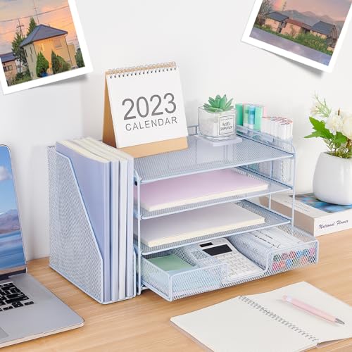 Organizadores y accesorios de escritorio Desk Organizers and Accessories, 4-Tier Paper Leter Tray Organizer with 2 Pen Holders and File Holder, Desk Organizer with Drawer, Ofice Desk Accesorie for Office Supplies（Purple）