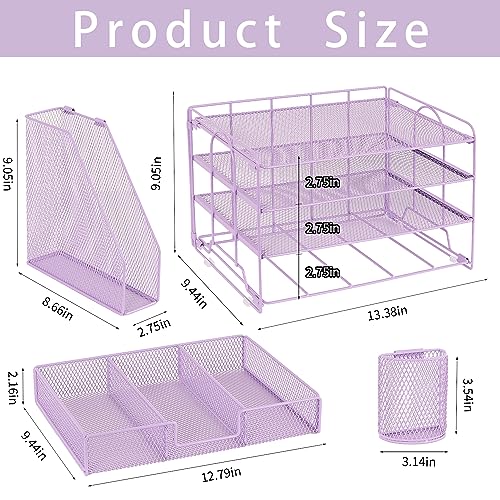 Organizadores y accesorios de escritorio Desk Organizers and Accessories, 4-Tier Paper Leter Tray Organizer with 2 Pen Holders and File Holder, Desk Organizer with Drawer, Ofice Desk Accesorie for Office Supplies（Purple）