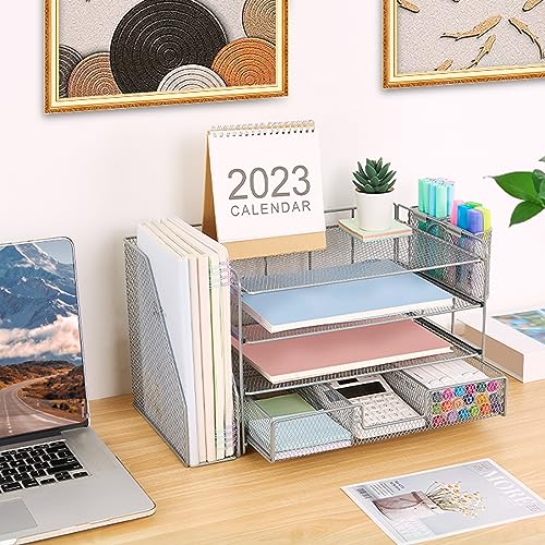 Organizadores y accesorios de escritorio Desk Organizers and Accessories, 4-Tier Paper Leter Tray Organizer with 2 Pen Holders and File Holder, Desk Organizer with Drawer, Ofice Desk Accesorie for Office Supplies（Purple）