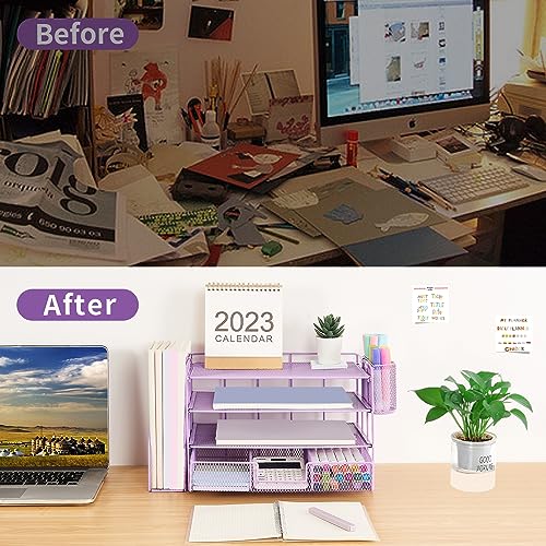 Organizadores y accesorios de escritorio Desk Organizers and Accessories, 4-Tier Paper Leter Tray Organizer with 2 Pen Holders and File Holder, Desk Organizer with Drawer, Ofice Desk Accesorie for Office Supplies（Purple）