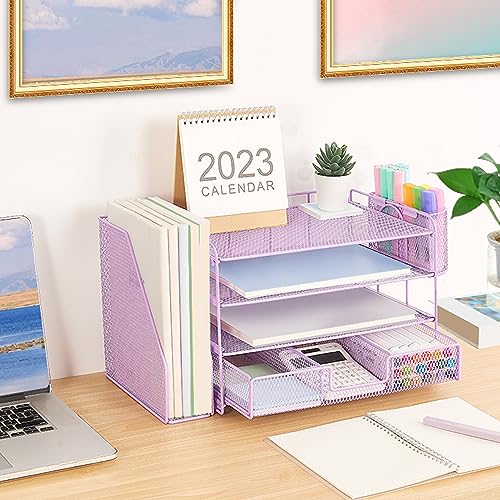 Organizadores y accesorios de escritorio Desk Organizers and Accessories, 4-Tier Paper Leter Tray Organizer with 2 Pen Holders and File Holder, Desk Organizer with Drawer, Ofice Desk Accesorie for Office Supplies（Purple）