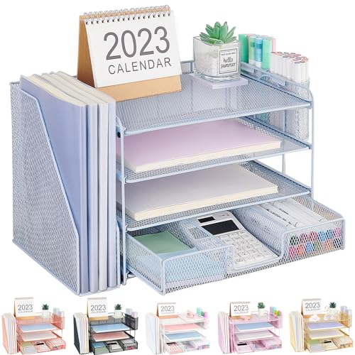 Organizadores y accesorios de escritorio Desk Organizers and Accessories, 4-Tier Paper Leter Tray Organizer with 2 Pen Holders and File Holder, Desk Organizer with Drawer, Ofice Desk Accesorie for Office Supplies（Purple）