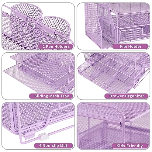 Organizadores y accesorios de escritorio Desk Organizers and Accessories, 4-Tier Paper Leter Tray Organizer with 2 Pen Holders and File Holder, Desk Organizer with Drawer, Ofice Desk Accesorie for Office Supplies（Purple）