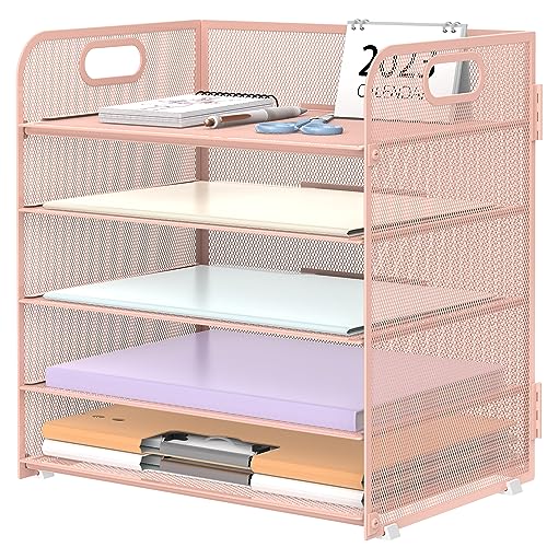 Supeasy 5 Trays Paper Organizer Letter Tray with Handle-Mesh Desk File Organizer, Purple Paper Sorter Desk Organizer for Office, Home or School