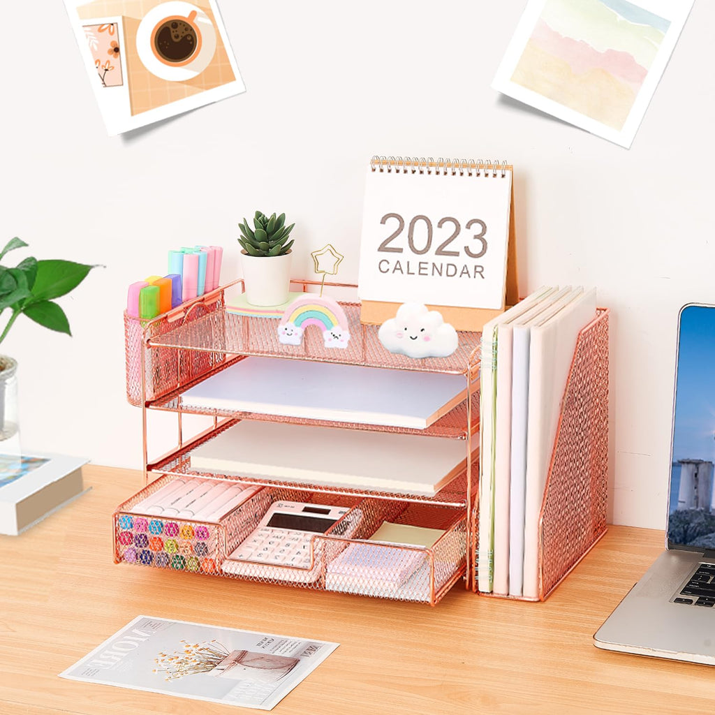 Organizadores y accesorios de escritorio Desk Organizers and Accessories, 4-Tier Paper Leter Tray Organizer with 2 Pen Holders and File Holder, Desk Organizer with Drawer, Ofice Desk Accesorie for Office Supplies（Purple）
