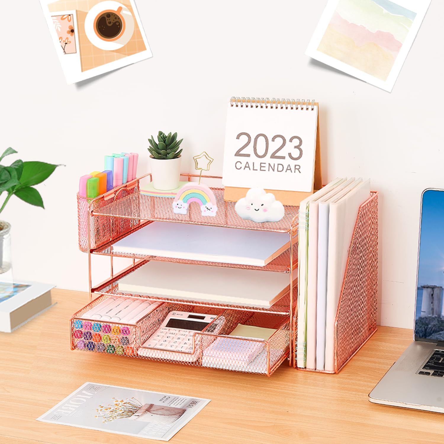 Organizadores y accesorios de escritorio Desk Organizers and Accessories, 4-Tier Paper Leter Tray Organizer with 2 Pen Holders and File Holder, Desk Organizer with Drawer, Ofice Desk Accesorie for Office Supplies（Purple）