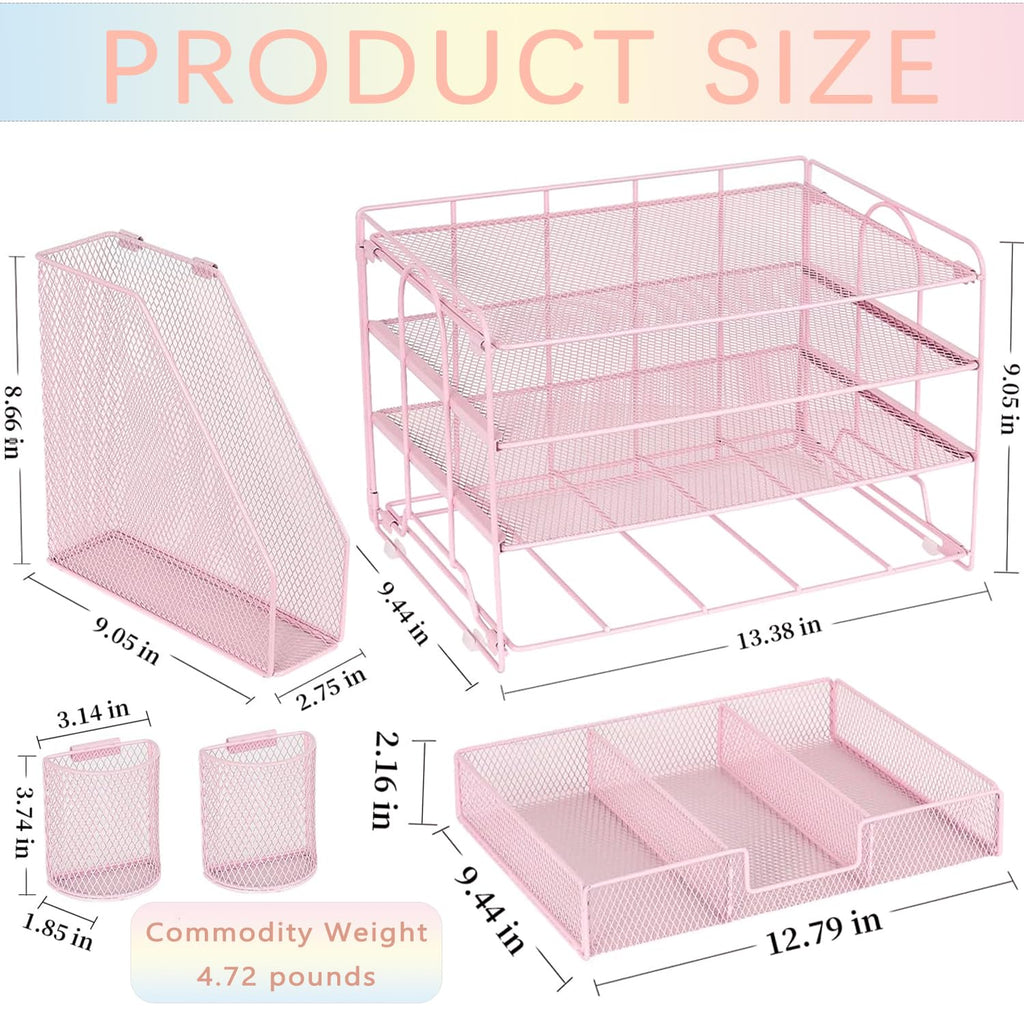 Organizadores y accesorios de escritorio Desk Organizers and Accessories, 4-Tier Paper Leter Tray Organizer with 2 Pen Holders and File Holder, Desk Organizer with Drawer, Ofice Desk Accesorie for Office Supplies（Purple）