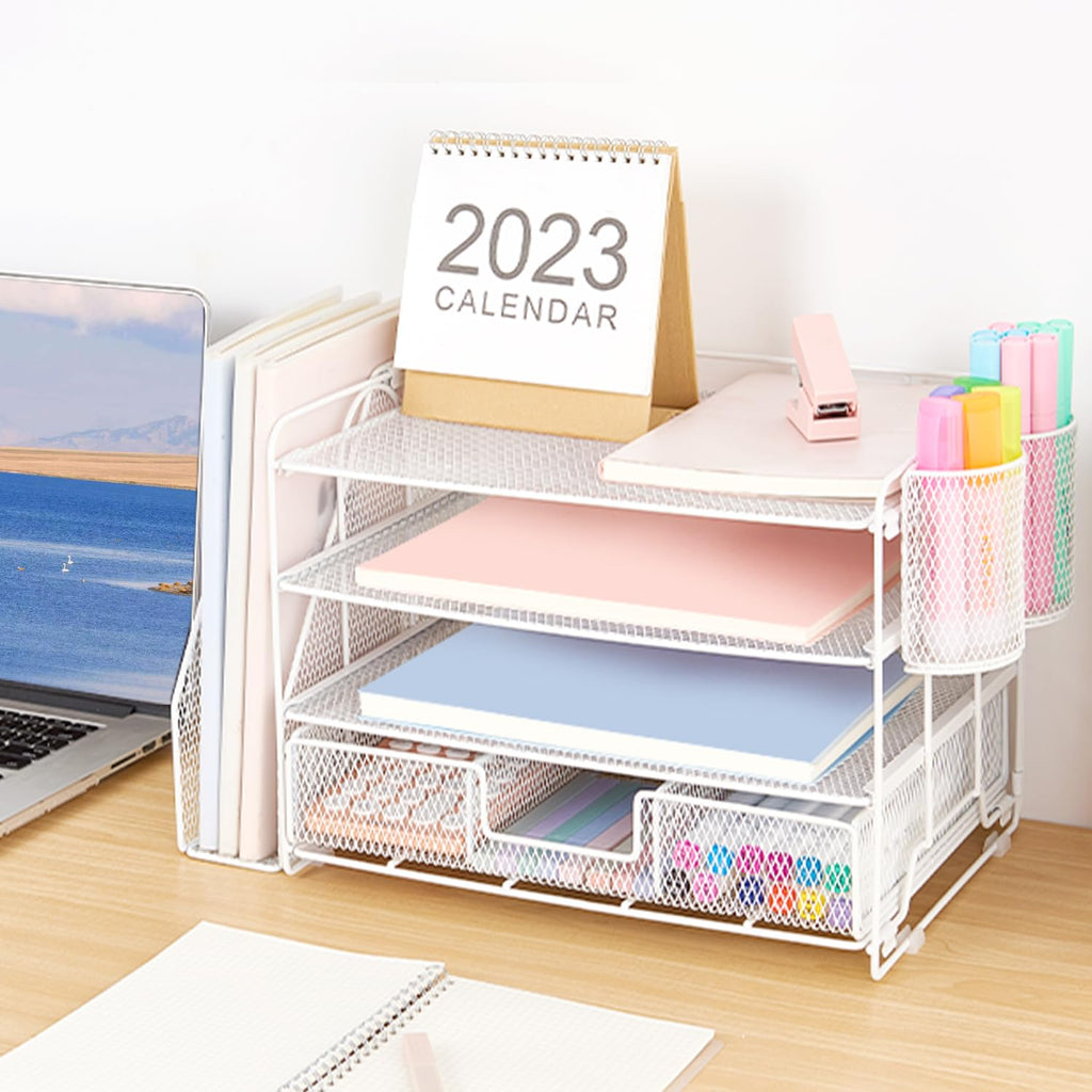 Organizadores y accesorios de escritorio Desk Organizers and Accessories, 4-Tier Paper Leter Tray Organizer with 2 Pen Holders and File Holder, Desk Organizer with Drawer, Ofice Desk Accesorie for Office Supplies（Purple）
