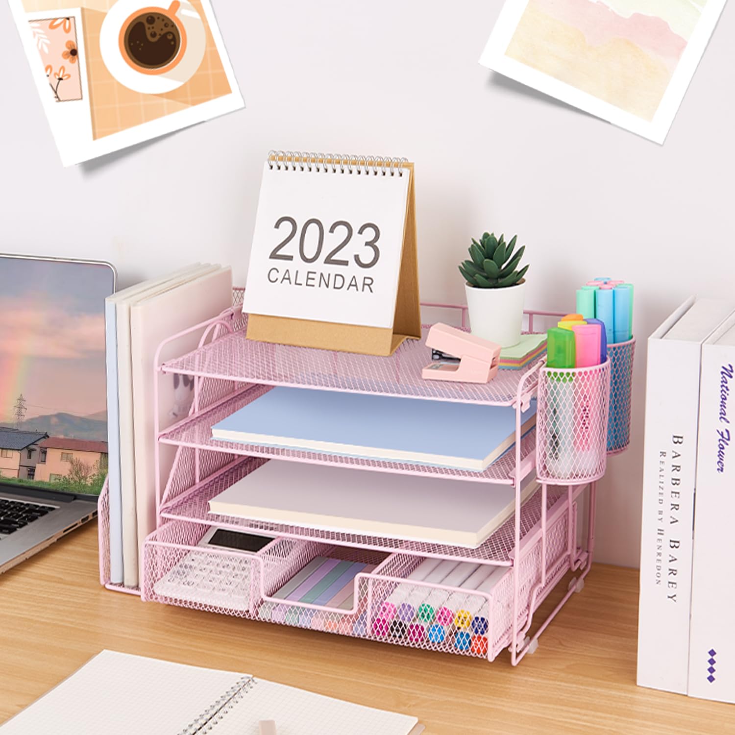 Organizadores y accesorios de escritorio Desk Organizers and Accessories, 4-Tier Paper Leter Tray Organizer with 2 Pen Holders and File Holder, Desk Organizer with Drawer, Ofice Desk Accesorie for Office Supplies（Purple）