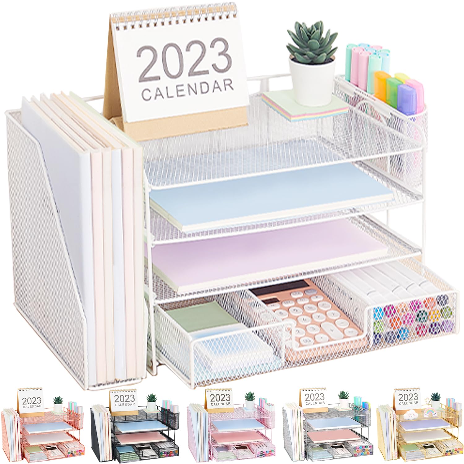 Organizadores y accesorios de escritorio Desk Organizers and Accessories, 4-Tier Paper Leter Tray Organizer with 2 Pen Holders and File Holder, Desk Organizer with Drawer, Ofice Desk Accesorie for Office Supplies（Purple）
