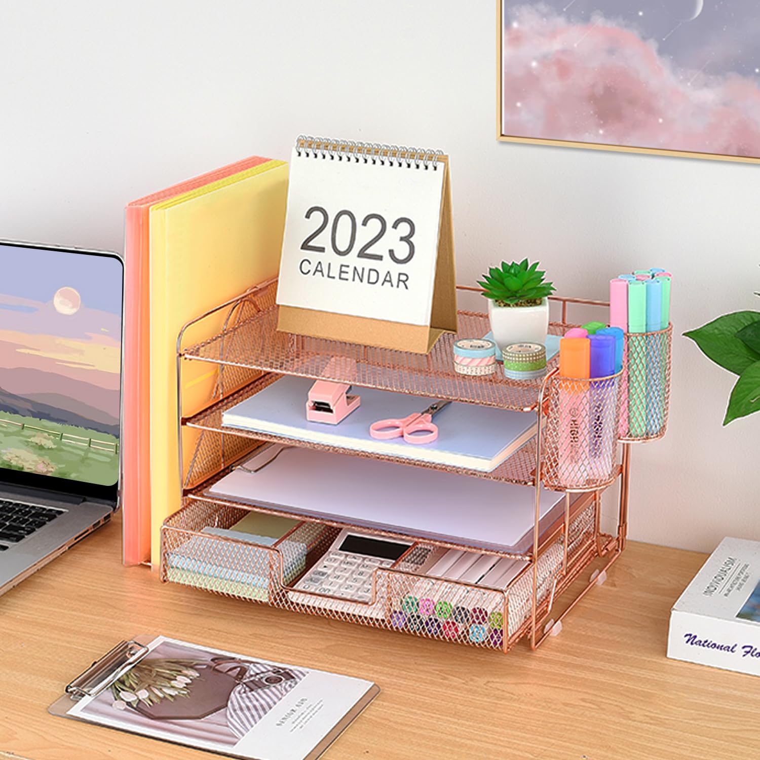 Organizadores y accesorios de escritorio Desk Organizers and Accessories, 4-Tier Paper Leter Tray Organizer with 2 Pen Holders and File Holder, Desk Organizer with Drawer, Ofice Desk Accesorie for Office Supplies（Purple）