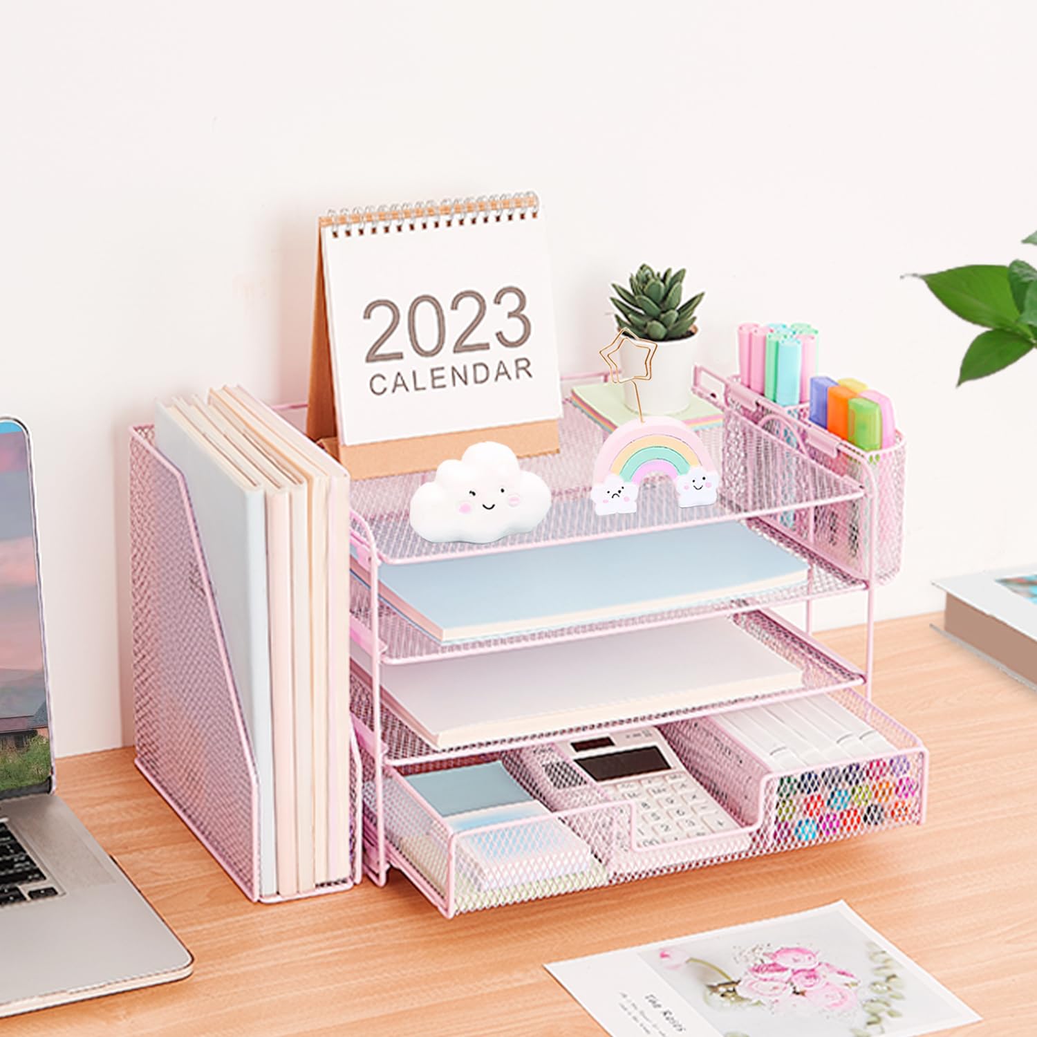 Organizadores y accesorios de escritorio Desk Organizers and Accessories, 4-Tier Paper Leter Tray Organizer with 2 Pen Holders and File Holder, Desk Organizer with Drawer, Ofice Desk Accesorie for Office Supplies（Purple）