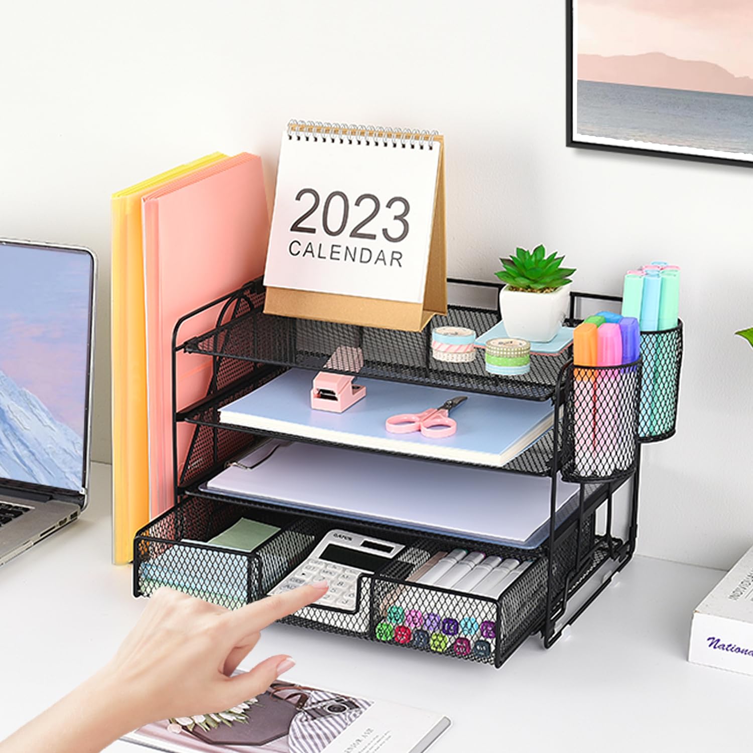 Organizadores y accesorios de escritorio Desk Organizers and Accessories, 4-Tier Paper Leter Tray Organizer with 2 Pen Holders and File Holder, Desk Organizer with Drawer, Ofice Desk Accesorie for Office Supplies（Purple）