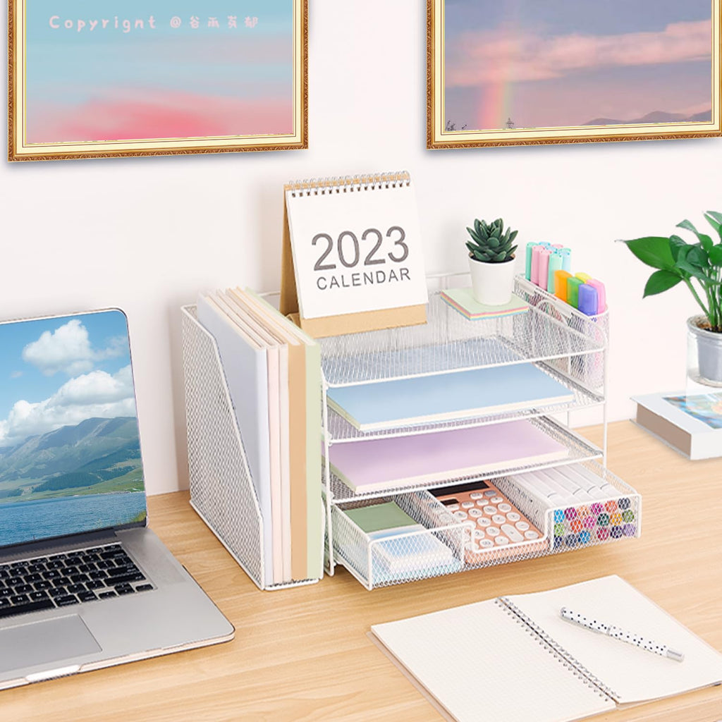 Organizadores y accesorios de escritorio Desk Organizers and Accessories, 4-Tier Paper Leter Tray Organizer with 2 Pen Holders and File Holder, Desk Organizer with Drawer, Ofice Desk Accesorie for Office Supplies（Purple）