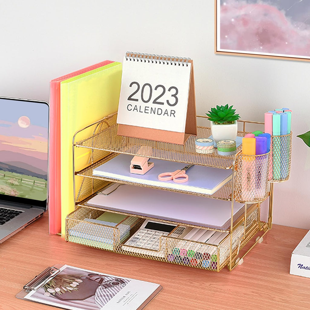 Organizadores y accesorios de escritorio Desk Organizers and Accessories, 4-Tier Paper Leter Tray Organizer with 2 Pen Holders and File Holder, Desk Organizer with Drawer, Ofice Desk Accesorie for Office Supplies（Purple）