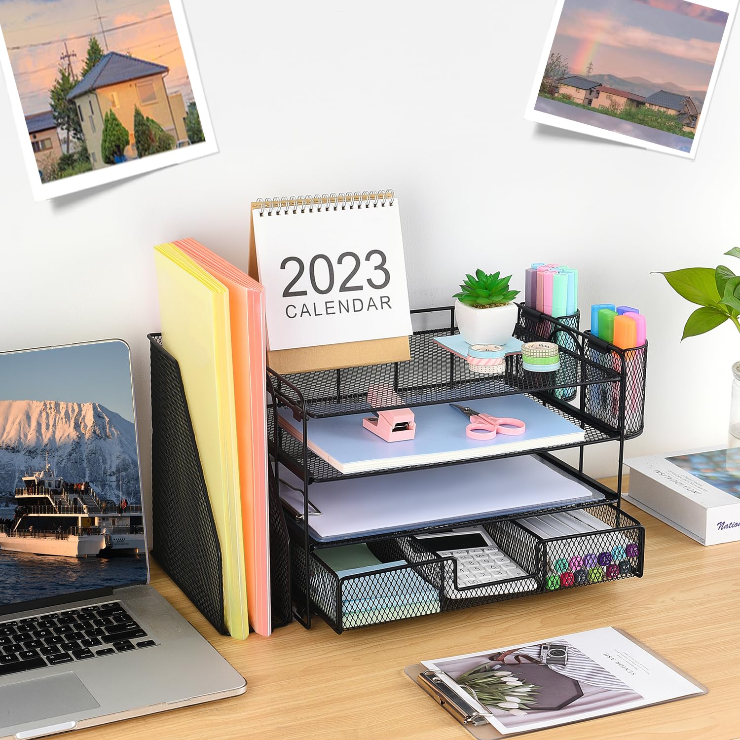 Organizadores y accesorios de escritorio Desk Organizers and Accessories, 4-Tier Paper Leter Tray Organizer with 2 Pen Holders and File Holder, Desk Organizer with Drawer, Ofice Desk Accesorie for Office Supplies（Purple）
