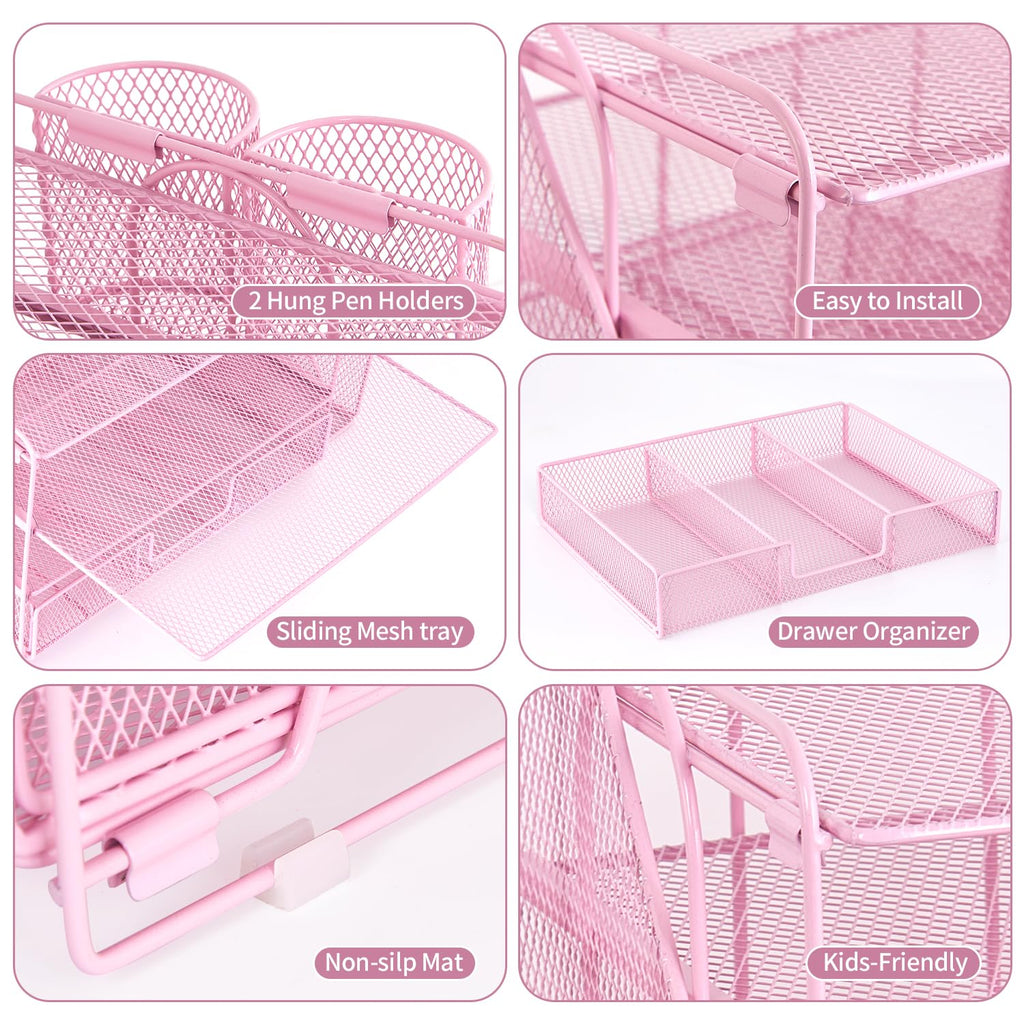 Organizadores y accesorios de escritorio Desk Organizers and Accessories, 4-Tier Paper Leter Tray Organizer with 2 Pen Holders and File Holder, Desk Organizer with Drawer, Ofice Desk Accesorie for Office Supplies（Purple）