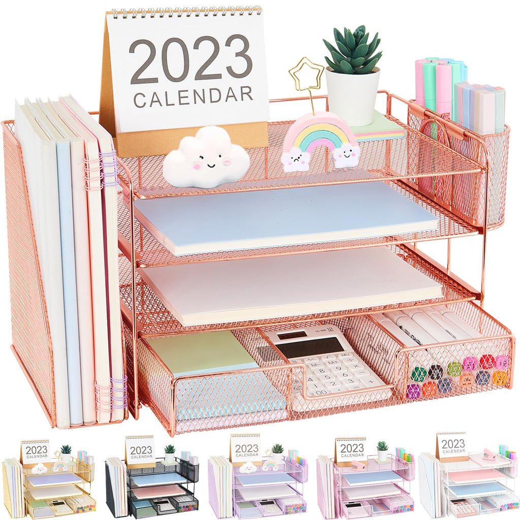 Organizadores y accesorios de escritorio Desk Organizers and Accessories, 4-Tier Paper Leter Tray Organizer with 2 Pen Holders and File Holder, Desk Organizer with Drawer, Ofice Desk Accesorie for Office Supplies（Purple）