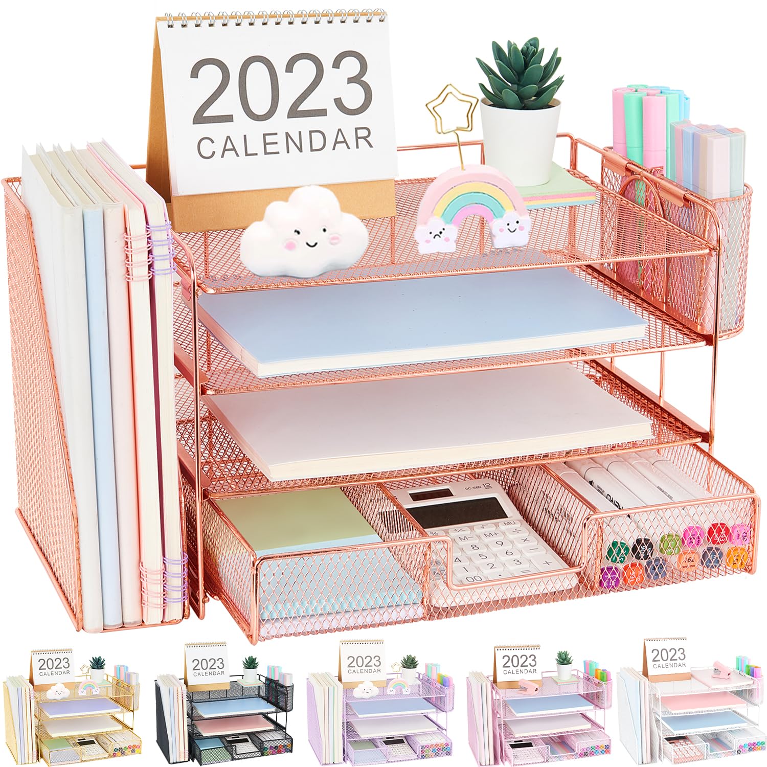 Organizadores y accesorios de escritorio Desk Organizers and Accessories, 4-Tier Paper Leter Tray Organizer with 2 Pen Holders and File Holder, Desk Organizer with Drawer, Ofice Desk Accesorie for Office Supplies（Purple）