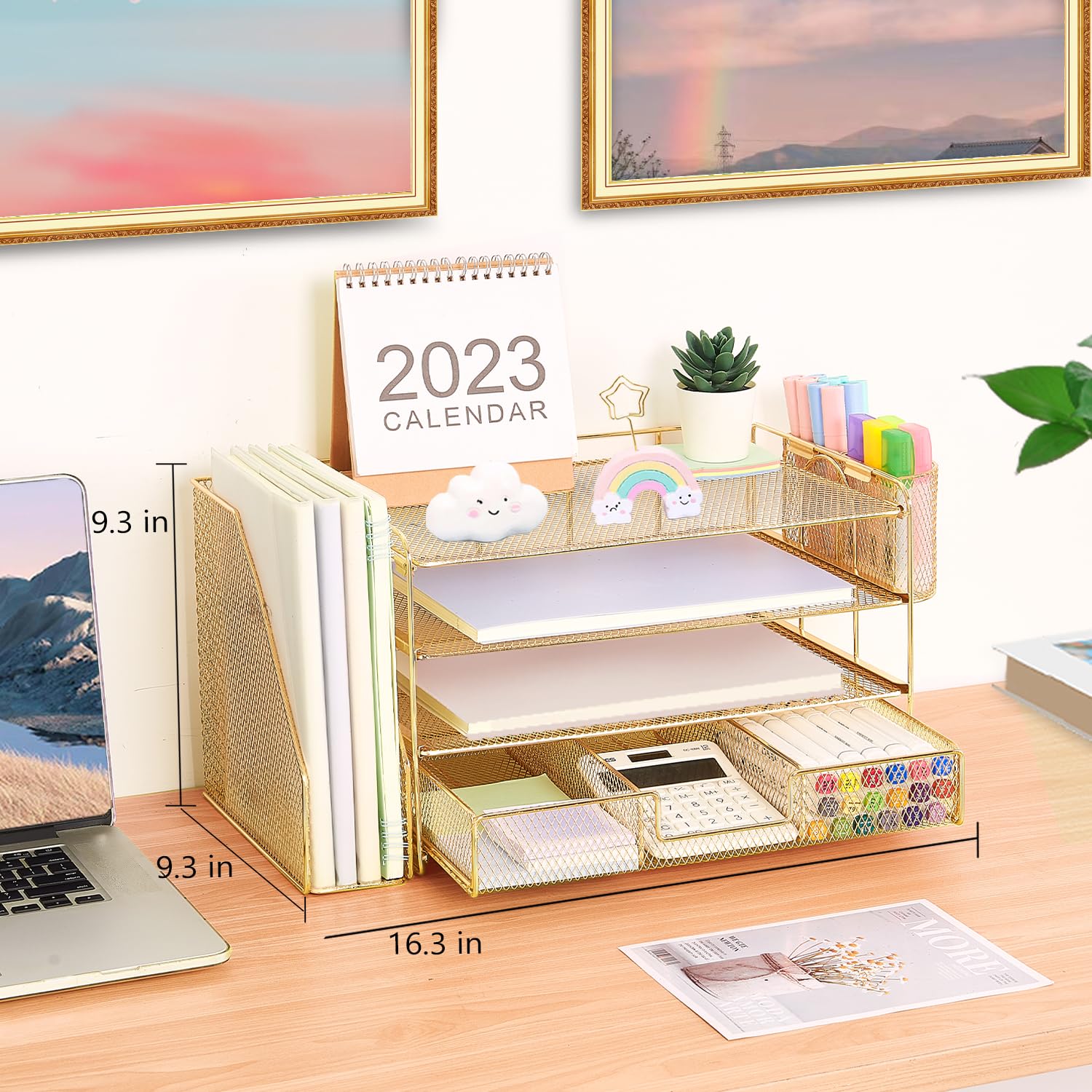 Organizadores y accesorios de escritorio Desk Organizers and Accessories, 4-Tier Paper Leter Tray Organizer with 2 Pen Holders and File Holder, Desk Organizer with Drawer, Ofice Desk Accesorie for Office Supplies（Purple）