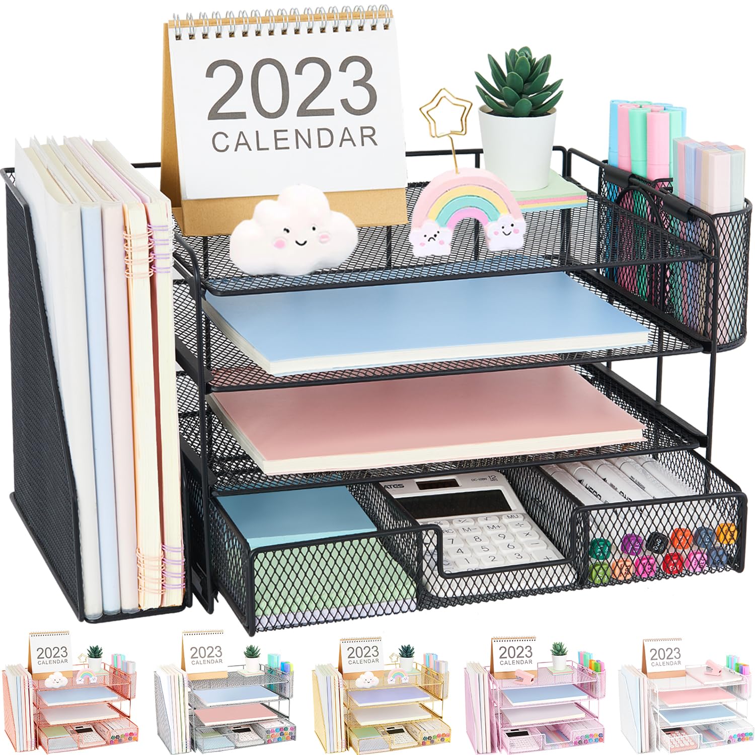 Organizadores y accesorios de escritorio Desk Organizers and Accessories, 4-Tier Paper Leter Tray Organizer with 2 Pen Holders and File Holder, Desk Organizer with Drawer, Ofice Desk Accesorie for Office Supplies（Purple）