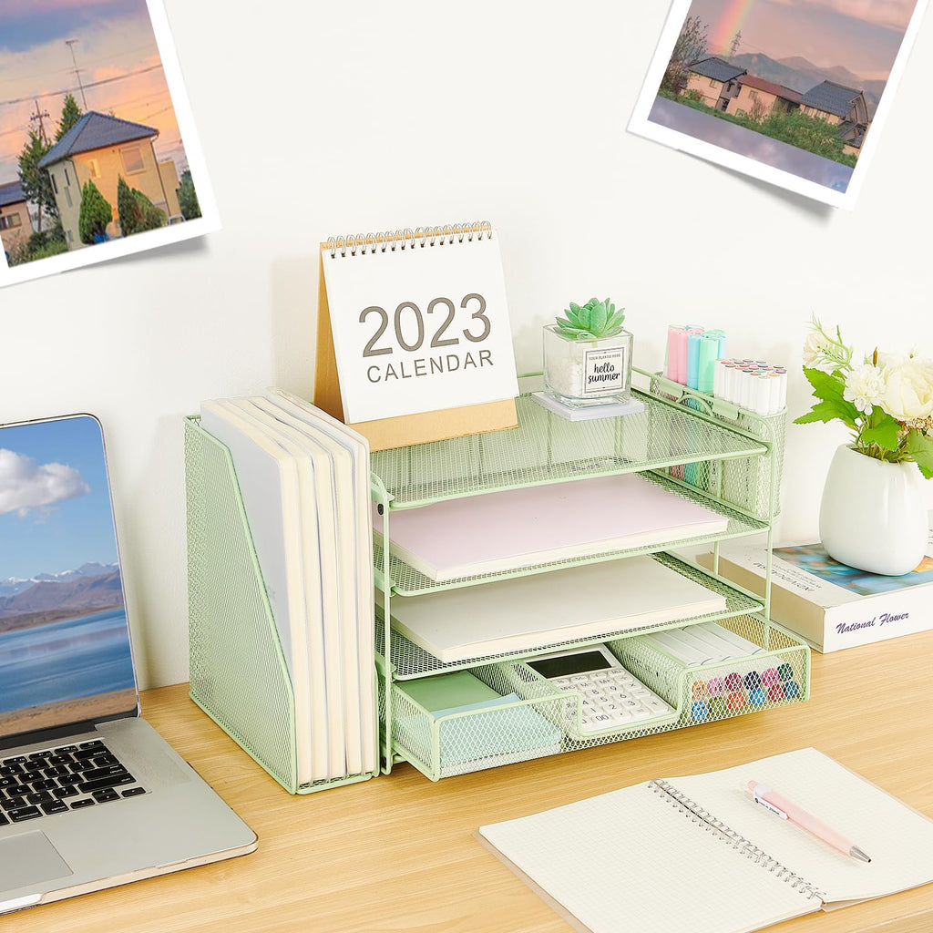 Organizadores y accesorios de escritorio Desk Organizers and Accessories, 4-Tier Paper Leter Tray Organizer with 2 Pen Holders and File Holder, Desk Organizer with Drawer, Ofice Desk Accesorie for Office Supplies（Purple）