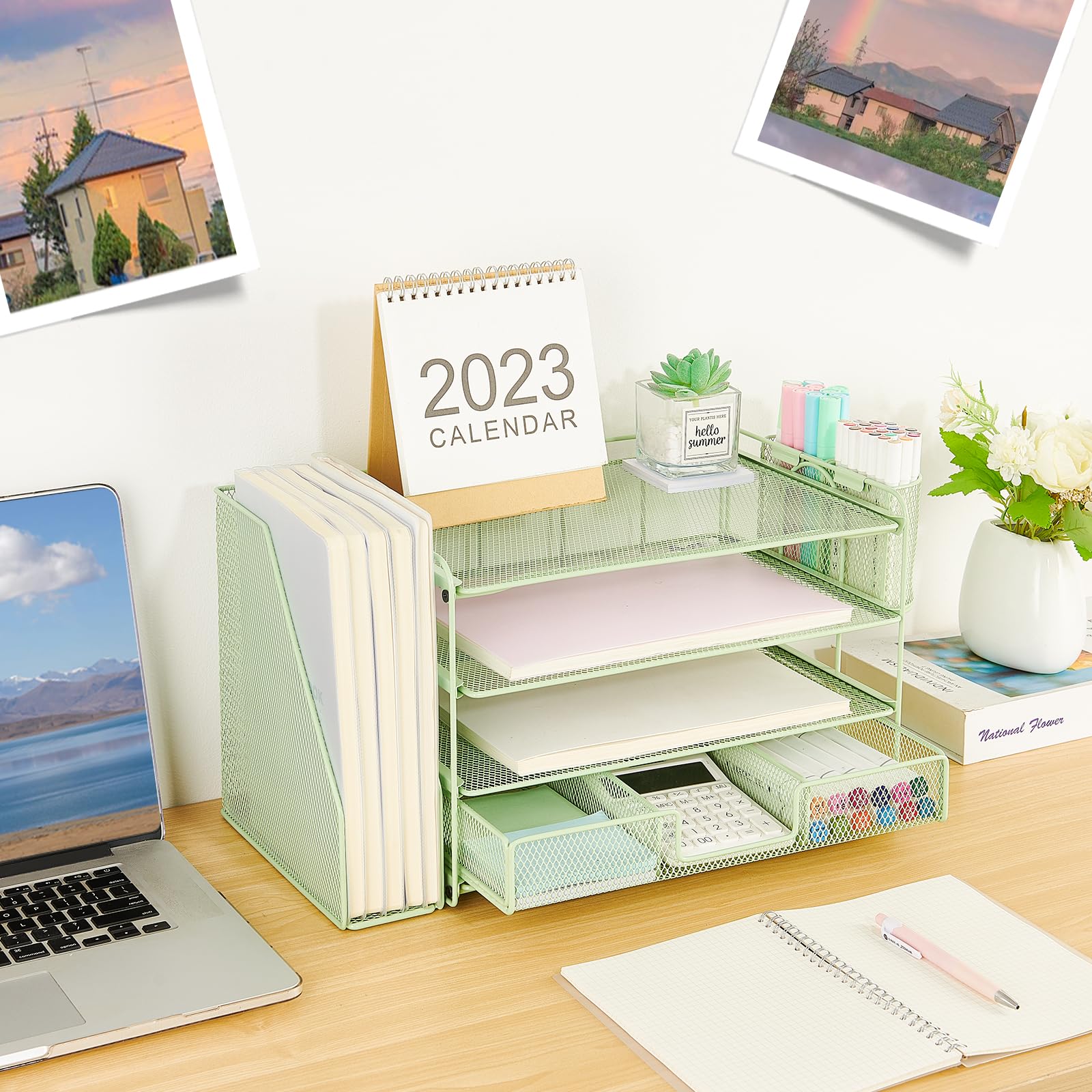 Organizadores y accesorios de escritorio Desk Organizers and Accessories, 4-Tier Paper Leter Tray Organizer with 2 Pen Holders and File Holder, Desk Organizer with Drawer, Ofice Desk Accesorie for Office Supplies（Purple）