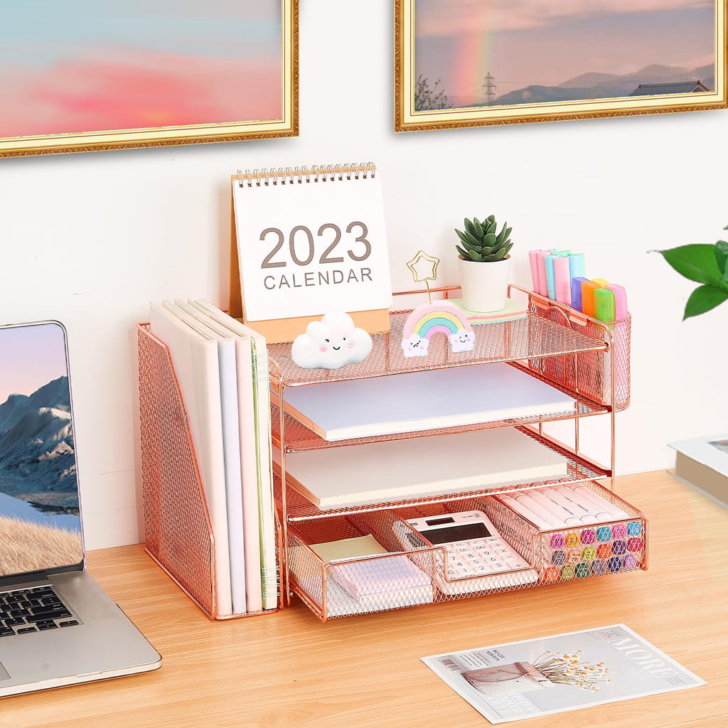 Organizadores y accesorios de escritorio Desk Organizers and Accessories, 4-Tier Paper Leter Tray Organizer with 2 Pen Holders and File Holder, Desk Organizer with Drawer, Ofice Desk Accesorie for Office Supplies（Purple）