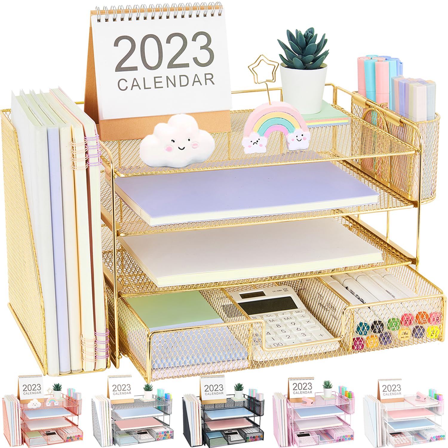 Organizadores y accesorios de escritorio Desk Organizers and Accessories, 4-Tier Paper Leter Tray Organizer with 2 Pen Holders and File Holder, Desk Organizer with Drawer, Ofice Desk Accesorie for Office Supplies（Purple）