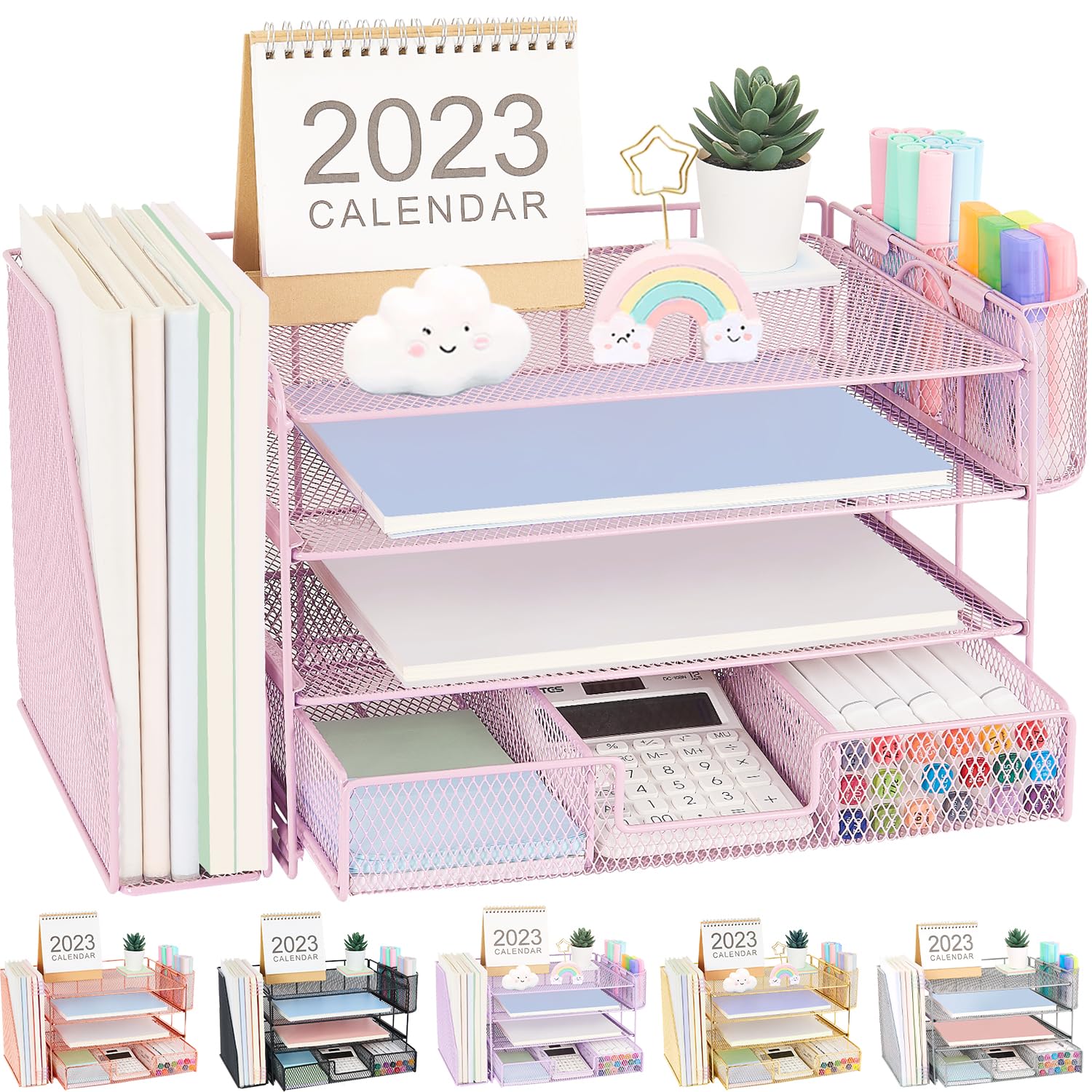 Organizadores y accesorios de escritorio Desk Organizers and Accessories, 4-Tier Paper Leter Tray Organizer with 2 Pen Holders and File Holder, Desk Organizer with Drawer, Ofice Desk Accesorie for Office Supplies（Purple）