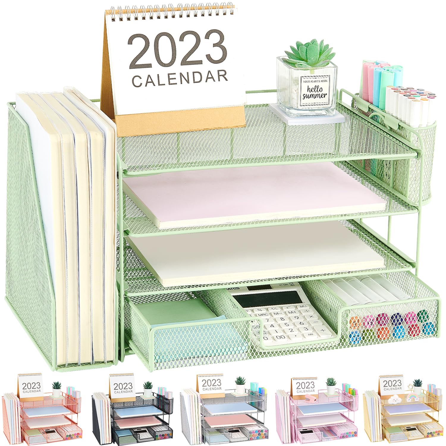 Organizadores y accesorios de escritorio Desk Organizers and Accessories, 4-Tier Paper Leter Tray Organizer with 2 Pen Holders and File Holder, Desk Organizer with Drawer, Ofice Desk Accesorie for Office Supplies（Purple）