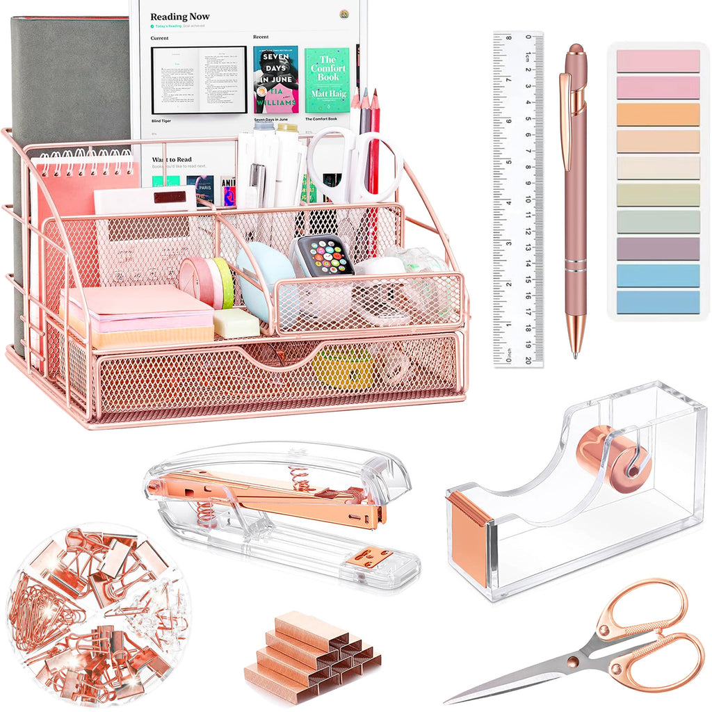 Organizadores y accesorios de escritorio morados Purple Desk Organizers and Accessories, Purple Office Supplies with Mesh Desk Organizer, Acrylic Tape Dispenser and Stapler, Staples, Ballpoint Pen, Clips Set, Ruler, Scissor, Sticky Labels