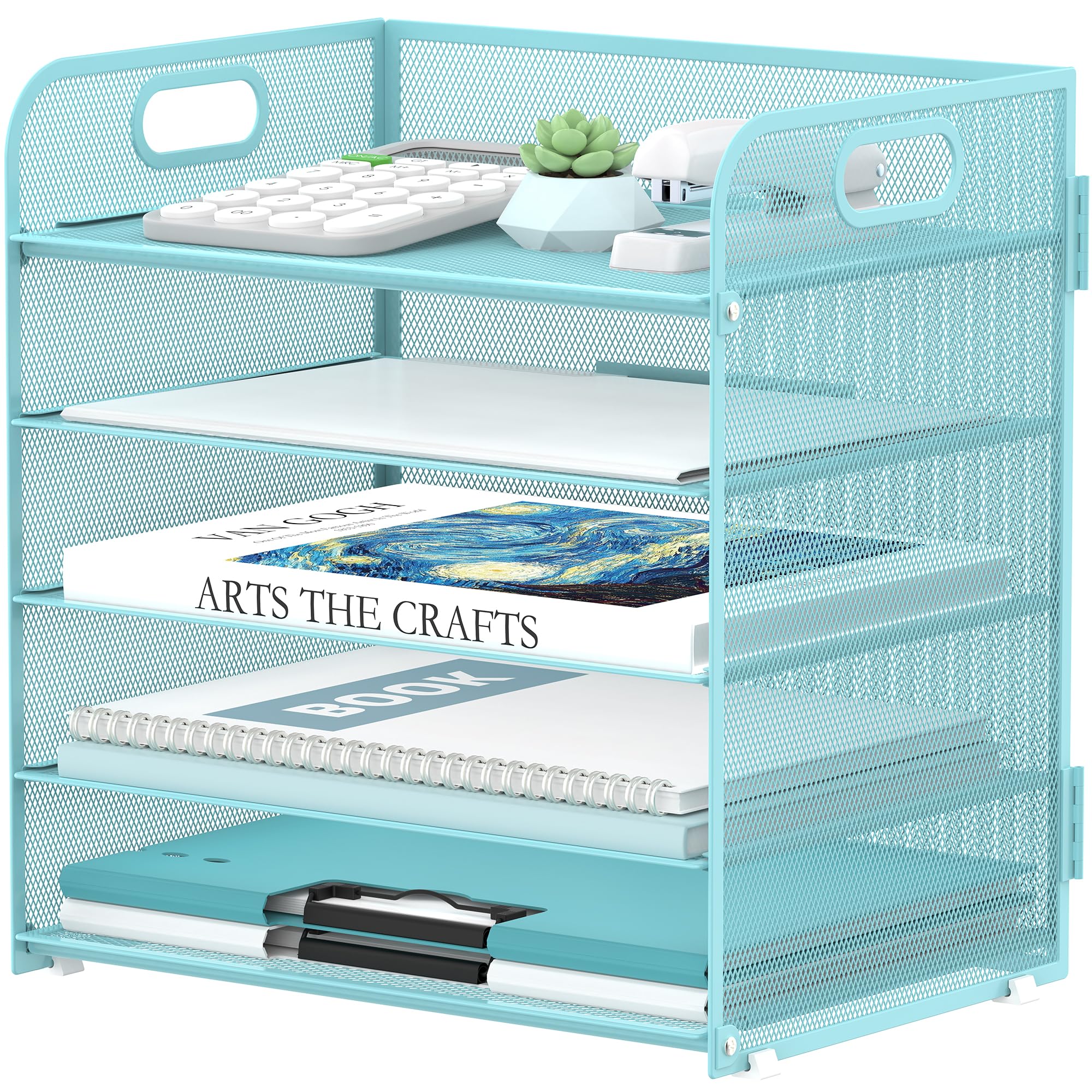 Supeasy 5 Trays Paper Organizer Letter Tray with Handle-Mesh Desk File Organizer, Purple Paper Sorter Desk Organizer for Office, Home or School