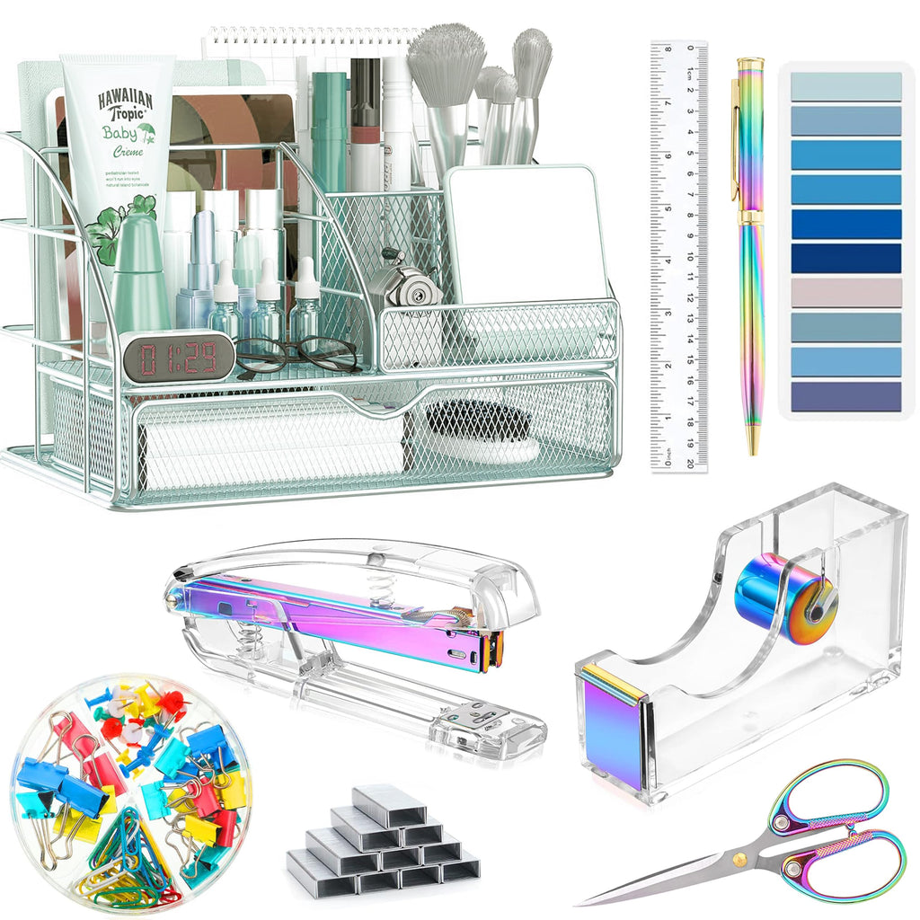 Organizadores y accesorios de escritorio morados Purple Desk Organizers and Accessories, Purple Office Supplies with Mesh Desk Organizer, Acrylic Tape Dispenser and Stapler, Staples, Ballpoint Pen, Clips Set, Ruler, Scissor, Sticky Labels