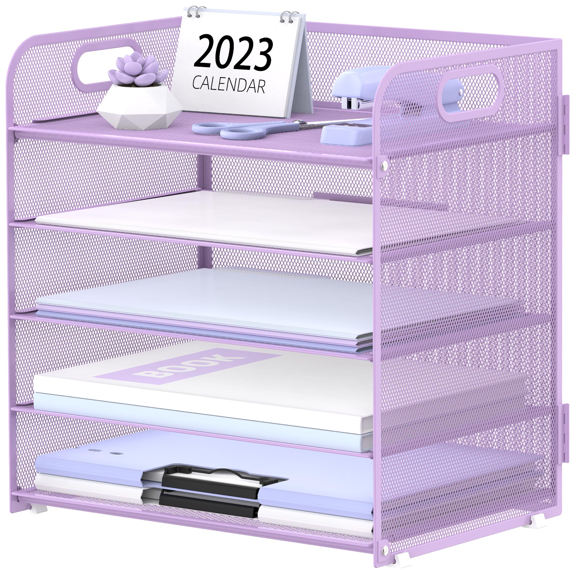 Supeasy 5 Trays Paper Organizer Letter Tray with Handle-Mesh Desk File Organizer, Purple Paper Sorter Desk Organizer for Office, Home or School