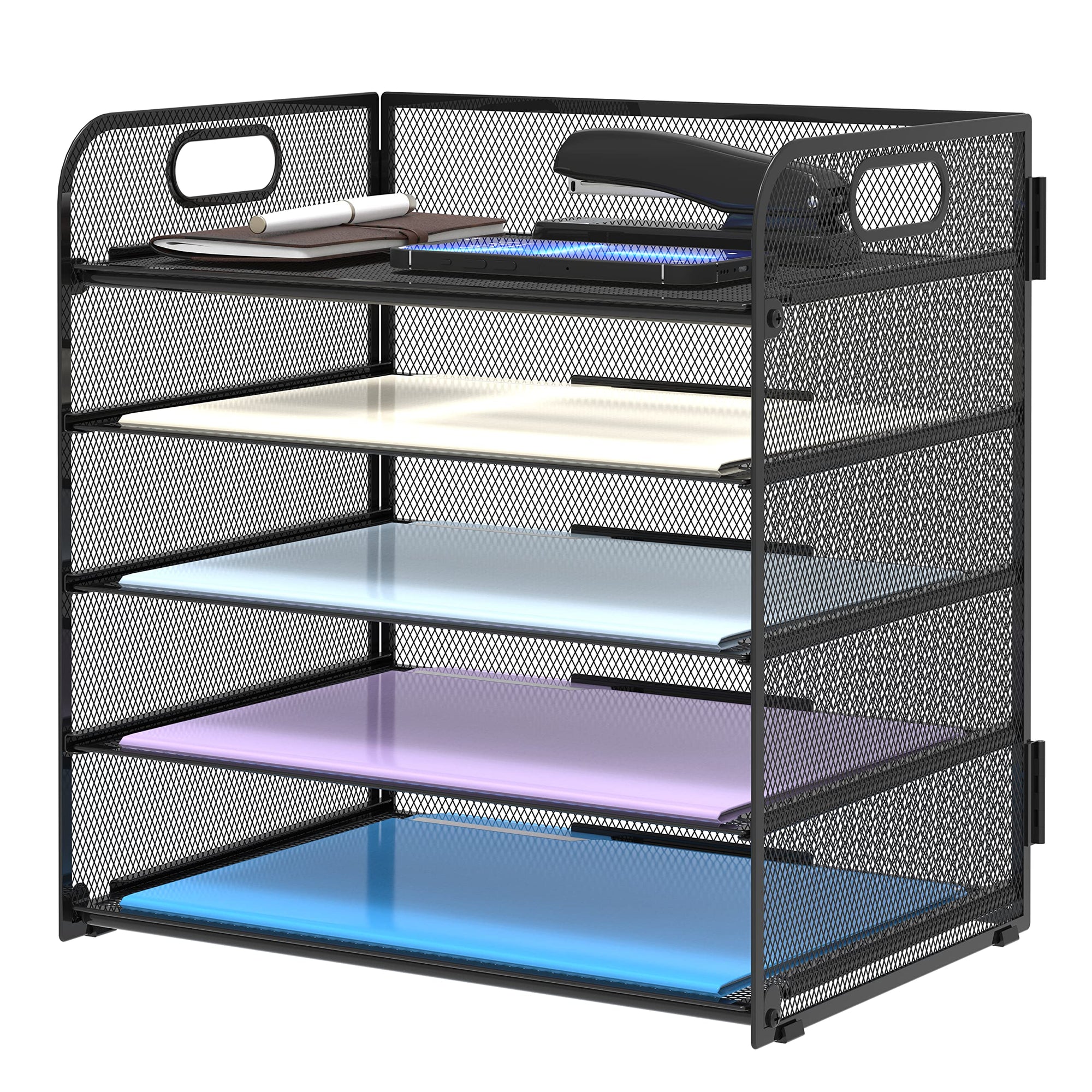 Supeasy 5 Trays Paper Organizer Letter Tray with Handle-Mesh Desk File Organizer, Purple Paper Sorter Desk Organizer for Office, Home or School
