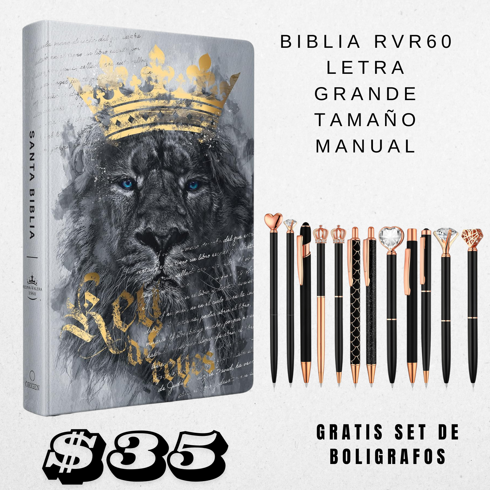 Biblia RVR60 letra grande tamaño manual, tapa dura León Rey de Reyes