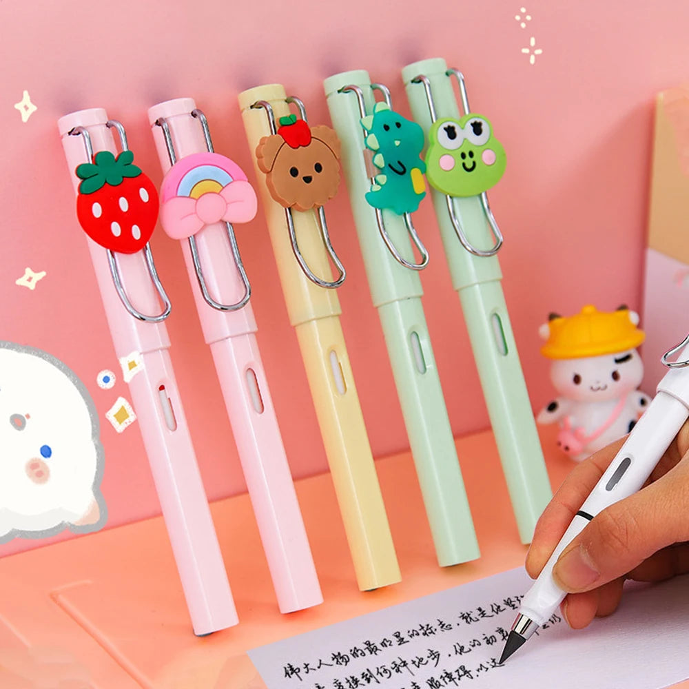 Lápices eternos de tecnología de dibujos animados, bolígrafo de escritura ilimitado de oso de fruta