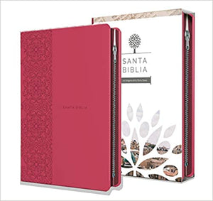 Santa Biblia RVR 1960 - Tamaño manual, letra grande, cuero de imitación, color fucsia, con cremallera