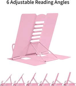 MSDADA Desk Book Stand Metal Reading Rest Book Holder Adjustable Cookbook Documents Holder Portable Sturdy Bookstands for Recipes Textbooks Tablet Music Books with Page Clips (Light Pink)