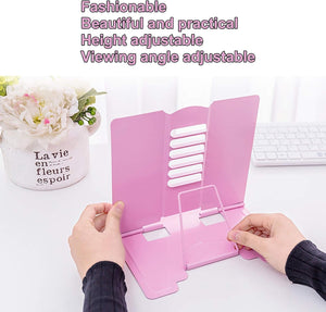 MSDADA Desk Book Stand Metal Reading Rest Book Holder Adjustable Cookbook Documents Holder Portable Sturdy Bookstands for Recipes Textbooks Tablet Music Books with Page Clips (Light Pink)