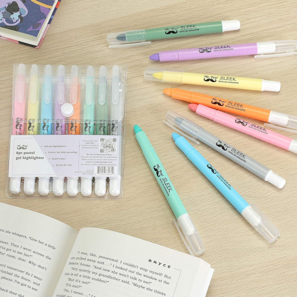 Mr. Pen No Bleed Gel Highlighter, Bible Highlighters, Assorted Colors, Pack of 8